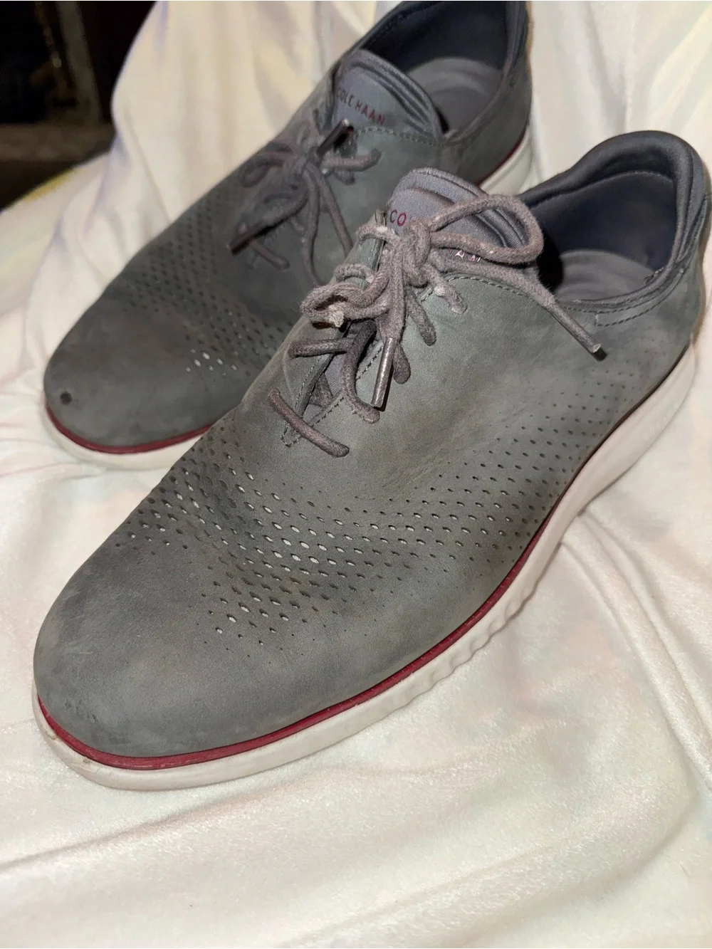 Cole Haan Grey Perforated Leather Lace-Up Sneakers with Red Trim- 10.5 wide